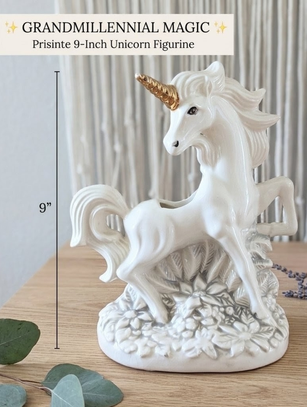 Vintage Ceramic Unicorn Planter | 9” Tall, Gold Horn, White Horse Figurine Boho